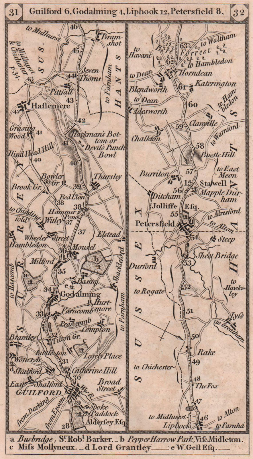 Guildford-Godalming-Haslemere-Petersfield road strip map PATERSON 1803 old